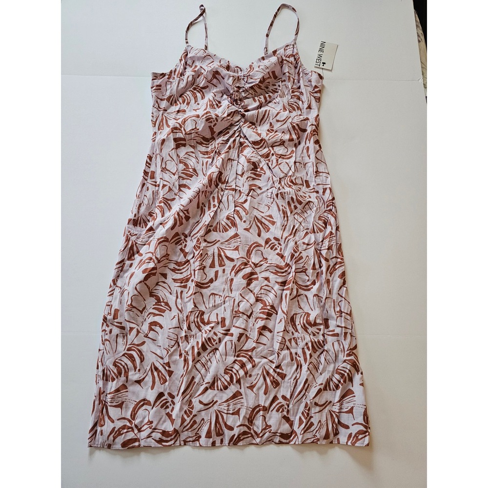 Nine West Midi Dress Womens Medium Purple Brown Tropical Palm Ruched Linen Blend